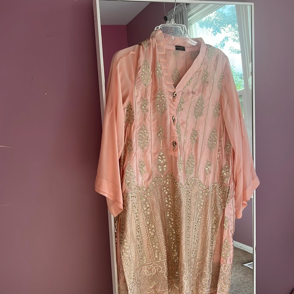 Aghanoor shirt in pink and gold beautiful shirt , worn only once .